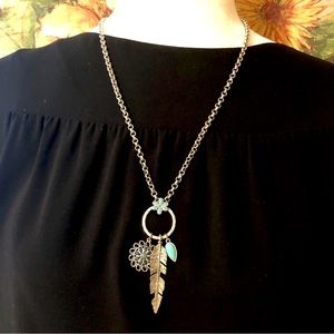 Lucky Brand Silver and Turquoise Flower Feather Charm Necklace